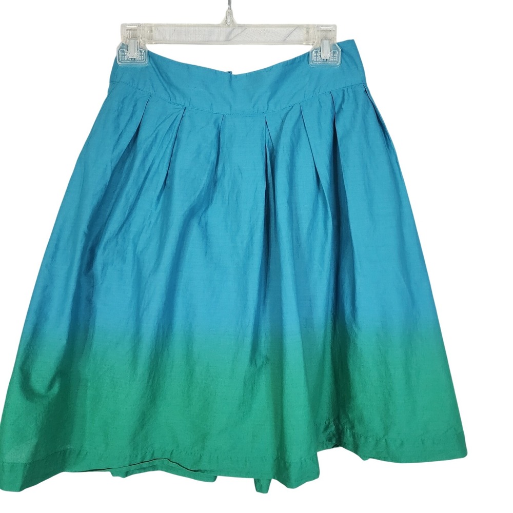 H&M Size 6 Blue & Green Gradient Dyed 100% Cotton Pleated Above Knee Skirt EUC